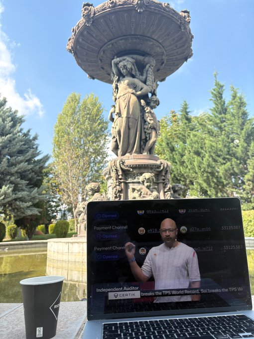 A laptop screen displays a video of a man with glasses speaking as an Independent Auditor about a TPS World Record (with CERTIK branding), set up in front of an ornate stone fountain with a female statue in a park setting.