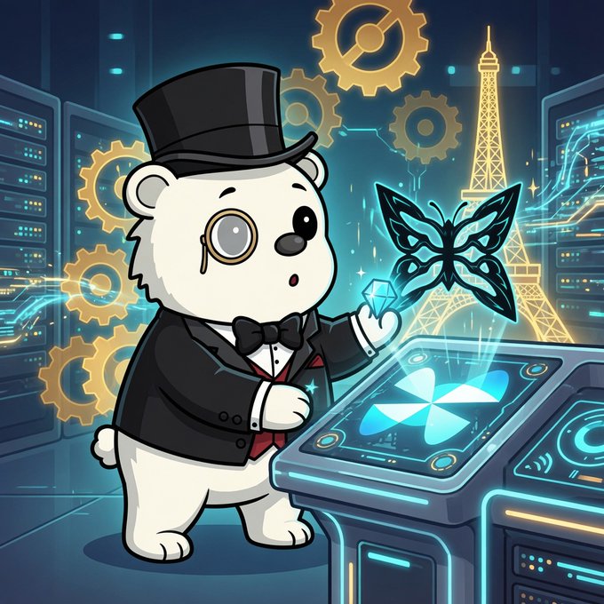 A cartoon illustration of a polar bear wearing a top hat, monocle, and tuxedo holding a diamond, with a glowing blue butterfly on a holographic screen nearby, set against a backdrop of golden gears and a glowing Eiffel Tower.