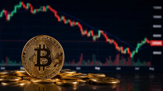 A physical Bitcoin coin displayed in front of a candlestick chart showing a downward price trend, with values around 65,000 visible on the y-axis.