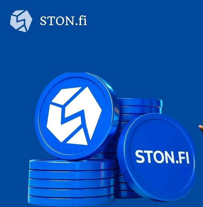 Promotional graphic for STON.fi cryptocurrency showing blue tokens stacked with the logo.