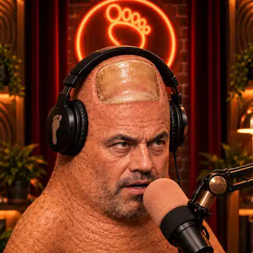 A barefoot-like figure with oversized headphones featuring a footprint logo sits before a microphone under a neon paw print sign, humorously spoofing Joe Rogan's podcast setup by suggesting a "toe-Rogan" spin-off. The composition parodies the classic podcast backdrop with red curtains and warm lighting, swapping the host for a hyper-stylized, skin-textured character.