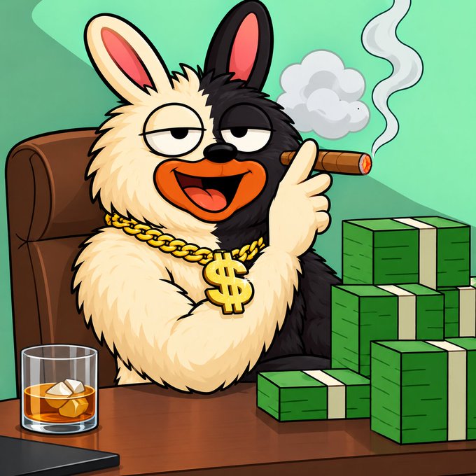 A cartoon illustration of a furry dog/rabbit-like creature wearing a gold chain with a dollar sign pendant, smoking a cigar, sitting next to stacks of cash with a glass of whiskey.