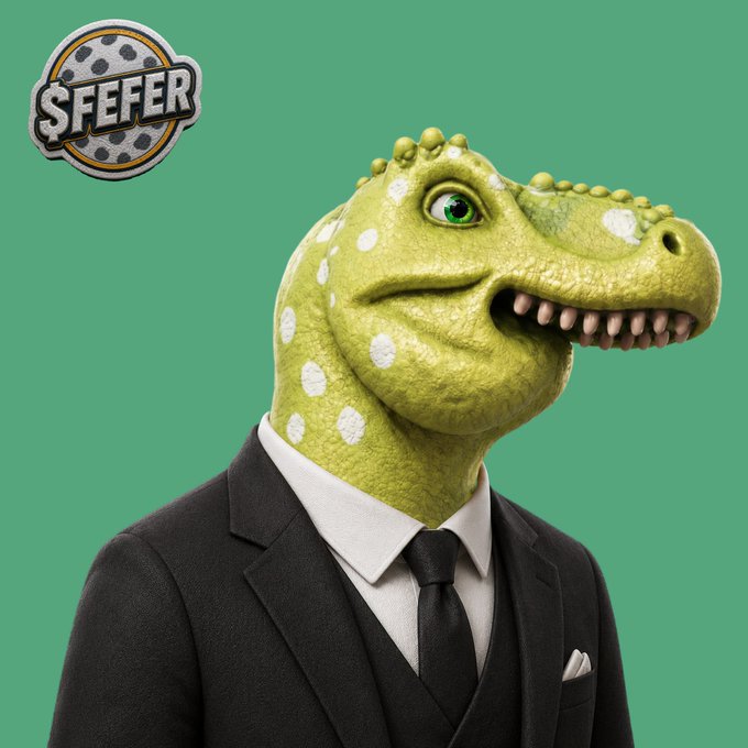 A 3D-rendered image of an anthropomorphic green dinosaur wearing a black suit, white shirt, and black tie, with a "$FEFER" logo badge in the top-left corner against a solid green background.