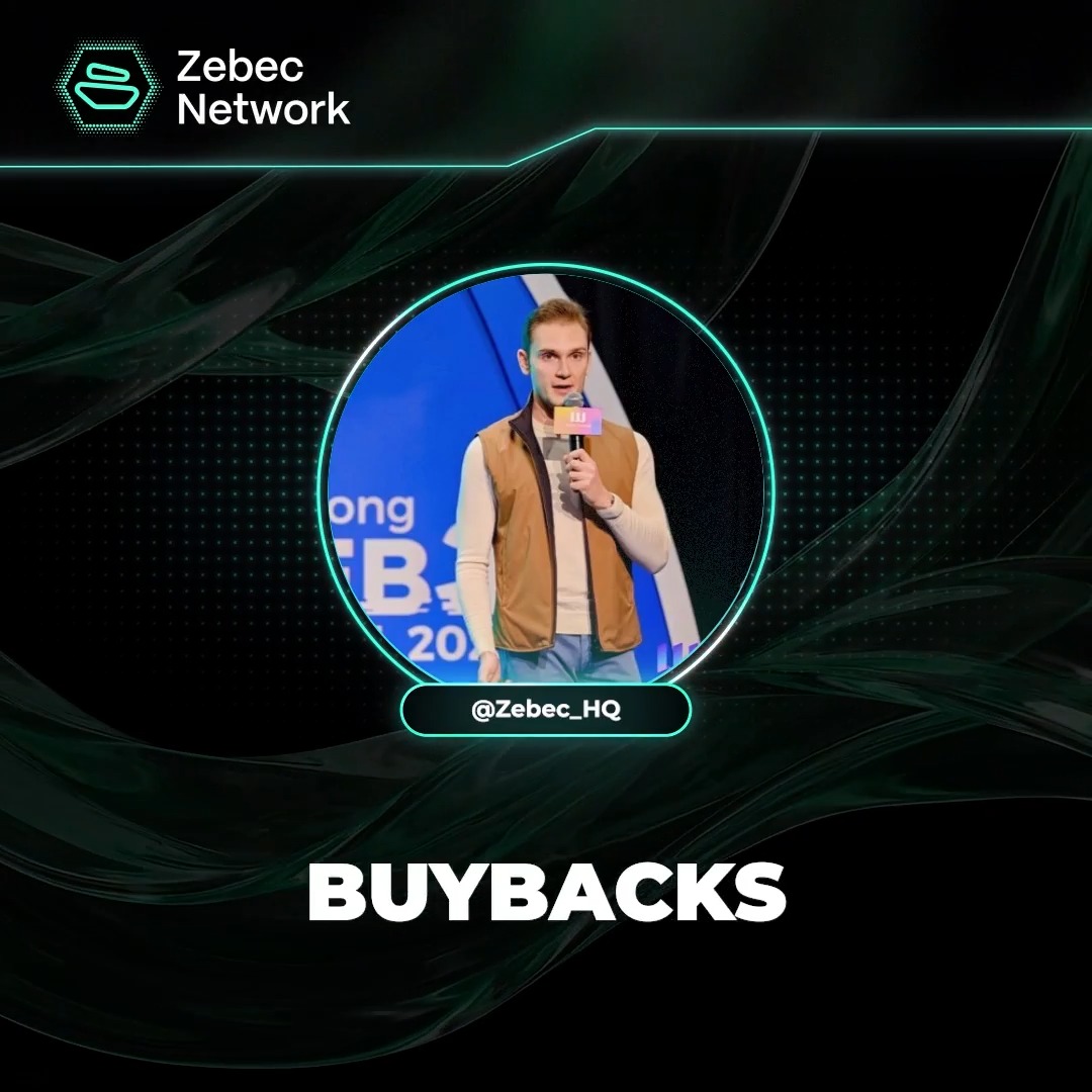 A man speaking at a podium is featured in a Zebec Network branded graphic titled "BUYBACKS," with the handle @Zebec__HQ displayed below his image, illustrating the post's discussion of ZBCN buybacks generated from payroll fees on chains like Stellar.