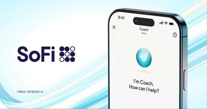 A promotional graphic for SoFi featuring its logo on the left and an iPhone displaying its 'Coach' AI assistant beta on the right, which reads 'I'm Coach. How can I help?'.