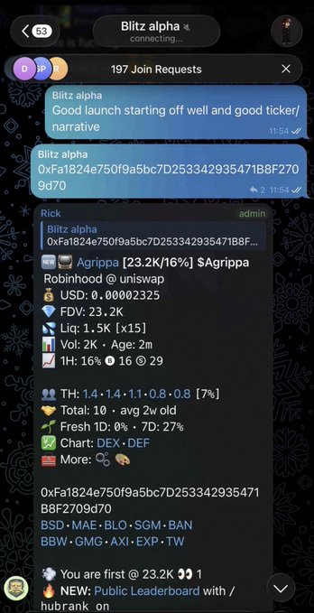 A Telegram group chat screenshot for 'Blitz alpha' showing messages about token launches and cryptocurrency details for Agrippa ($Agrippa), including contract addresses and market stats.