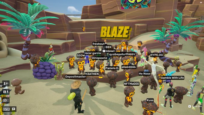 A screenshot from a video game featuring a group of player avatars gathered around a campfire under the large text 'BLAZE', with usernames like 'freshout', 'BBX', 'Oscar garcia', and 'HYPE.OG' floating above their heads.