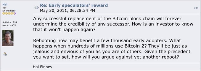 The focus of this image is a screenshot of a message posted online by someone named Hal Finney, who seems to be a cypherpunk. The text on his message discusses Bitcoin and questions whether it can ever be replaced due to its inherent qualities that make it inherently resistant to being replicated successfully. This leads him to argue against any successor's credibility in the context of Bitcoin's uniqueness.