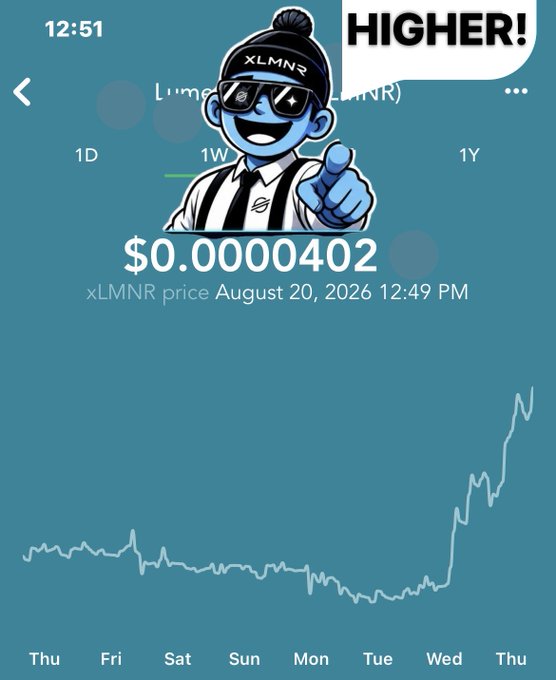 A mobile crypto app screenshot showing the xLMNR token price at $0.0000402 with a cartoon referee character shouting 'HIGHER!' and a price chart showing a recent upward spike on August 20, 2026.