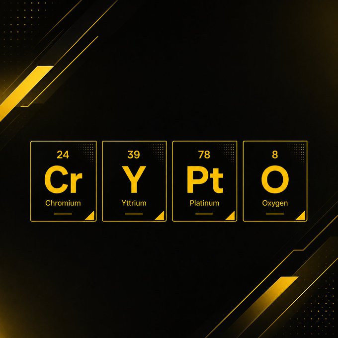 The image displays four periodic table element tiles in gold on a black background, showing Chromium (Cr, 24), Yttrium (Y, 39), Platinum (Pt, 78), and Oxygen (O, 8), spelling out "CRYPTO" to represent the "formula of winners" in the crypto space.