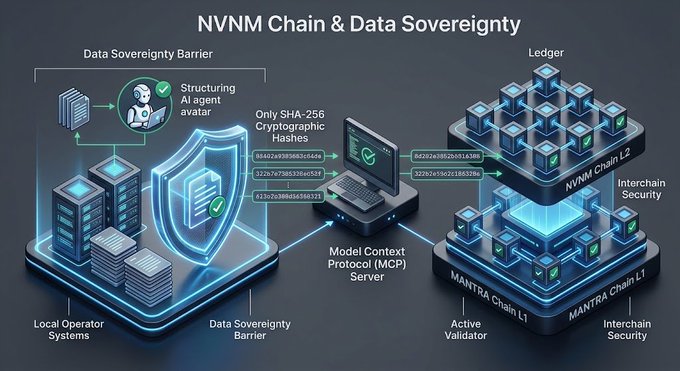 A technical infographic titled 'NVNM Chain & Data Sovereignty' illustrating a blockchain architecture with labels including Data Sovereignty Barrier, Local Operator Systems, Model Context Protocol (MCP) Server, Ledger, NVNM Chain L2, MANTRA Chain L1, Active Validator, and Interchain Security, featuring cryptographic hashes.