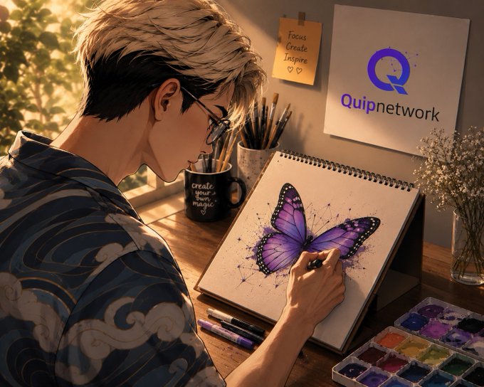 Anime-style illustration of a person drawing a purple butterfly with watercolor paints, with a sticky note reading 'Focus Create Inspire' and a 'Quipnetwork' logo on the wall.
