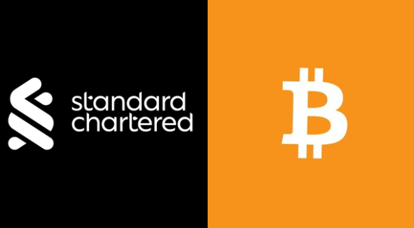 The image features a black and orange logo, with the word "standard" written in white against an orange background, positioned at the top left corner of the frame. Below this logo, there is a white lettering that reads "sahil", located just below the "s". At the bottom right corner of the image, the phrase "whale watch: standard chartered" can be seen. The text "standard chartered" is written in white at the bottom left corner and the word "standard" in white on top right side appears to say something about the company's financial services. In the background, there is a small orange logo of a Bitcoin symbol, adding some variety to the design while still maintaining the dominant colors.