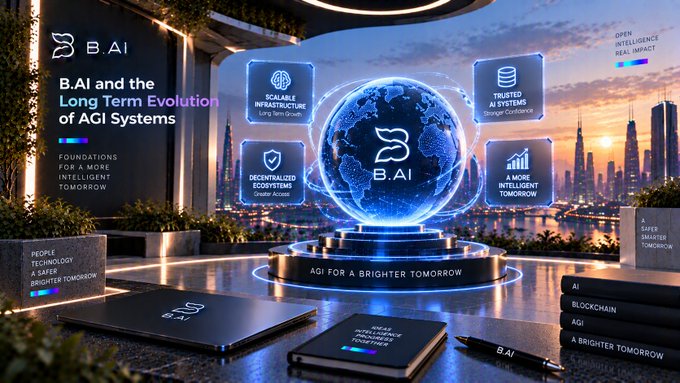 Futuristic promotional graphic for 'B.AI' about the long-term evolution of AGI systems, featuring a holographic globe and city skyline.