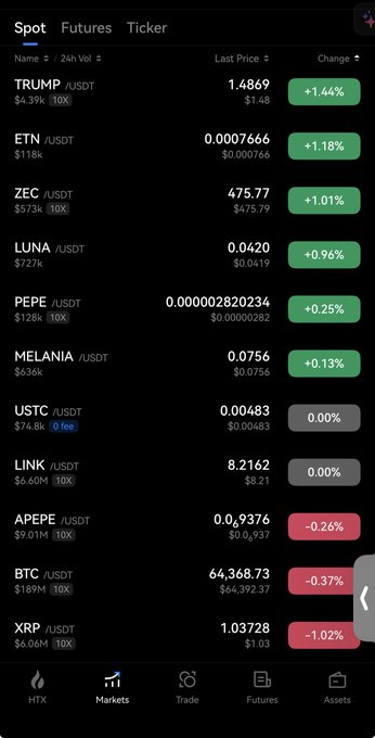A mobile crypto trading app screen showing a futures ticker list, featuring XRP at $1.03728 (-1.02%) along with other tokens like TRUMP, ETN, ZEC, LUNA, and PEPE.