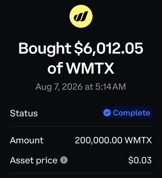 A transaction receipt confirms the purchase of $6,012.05 of WMTX (200,000.00 WMTX at $0.03 per token) completed on August 7, 2026 at 5:14 AM.