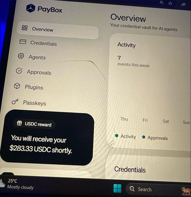 A screenshot of the PayBox dashboard shows a USDC reward notification promising $283.33 USDC shortly, while the user's caption expresses frustration about still waiting for the MoonPay reward and questioning the delay.