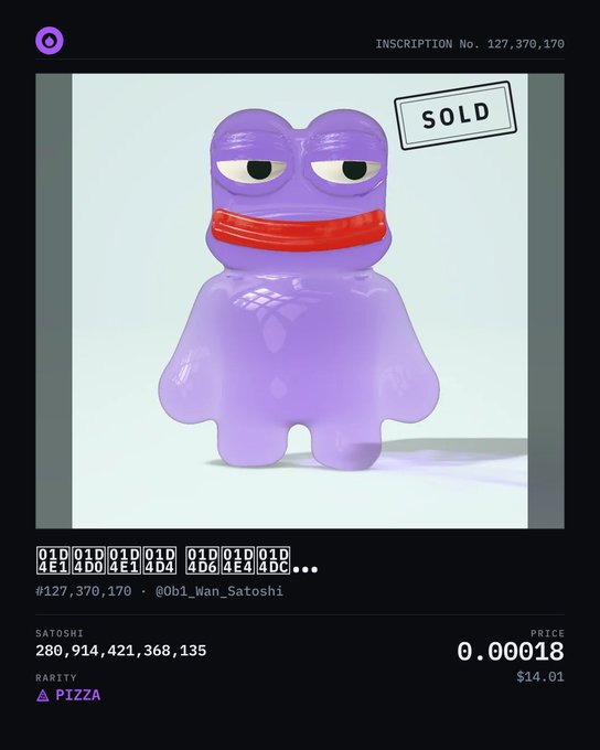 A digital NFT listing on OpenSea showing a purple cartoon figure labeled "SOLD" with inscription No. 127,370,170, associated with the collection "@0b1_Wan_Satoshi," priced at 0.00018.