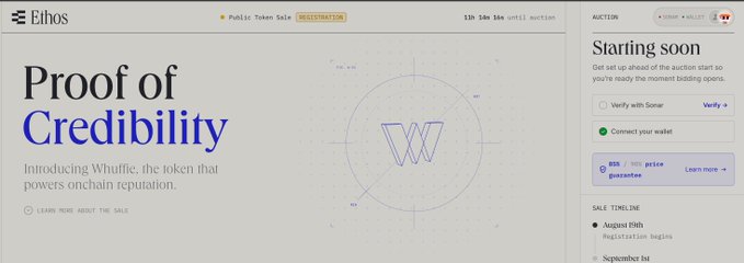 A webpage screenshot from Ethos displays 'Proof of Credibility' introducing 'Whuffle, the token that powers onchain reputation,' with a public token sale registration showing the auction starting soon.