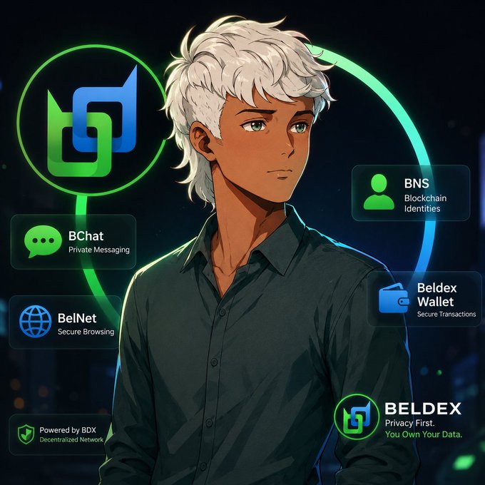 An anime-style promotional graphic for Beldex featuring a young man with white hair, surrounded by labels for BChat (Private Messaging), BelNet (Secure Browsing), BNS (Blockchain Identities), and Beldex Wallet (Secure Transactions), with the tagline 'Privacy First. You Own Your Data.'