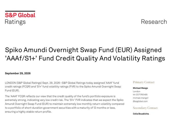 An S&P Global Ratings research announcement dated September 29, 2026, titled 'Spiko Amundi Overnight Swap Fund (EUR) Assigned 'AAAf/S1+' Fund Credit Quality And Volatility Ratings', with primary contact Michael Mango.