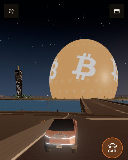 A 3D mobile game screenshot showing a pink Cybertruck-style vehicle on a road at night, approaching a massive orange Bitcoin-themed dome with a tower in the distance.