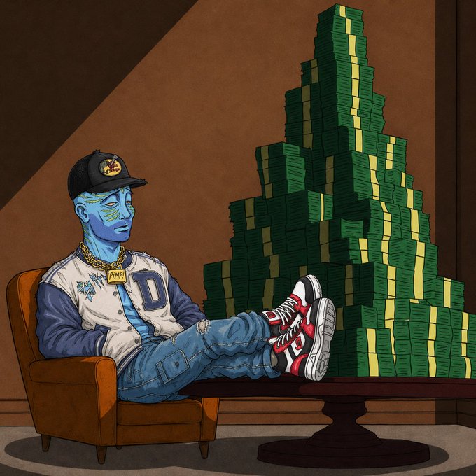 The image shows a blue-skinned cartoon character wearing a "DMP" varsity jacket and cap, lounging in a chair with feet propped on a table beside a massive pyramid of cash stacks, symbolizing the giveaway announcement of sending Solana (SOL) to active community members.