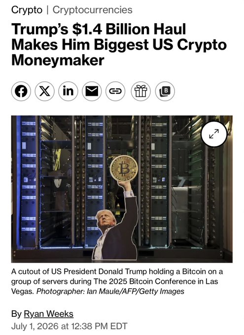 A news headline reads "Trump's $1.4 Billion Haul Makes Him Biggest US Crypto Moneymaker," featuring a cutout image of Donald Trump holding a Bitcoin in front of server racks at the 2025 Bitcoin Conference in Las Vegas, visually illustrating the reported massive crypto earnings that critics cite as ethically troubling optics.