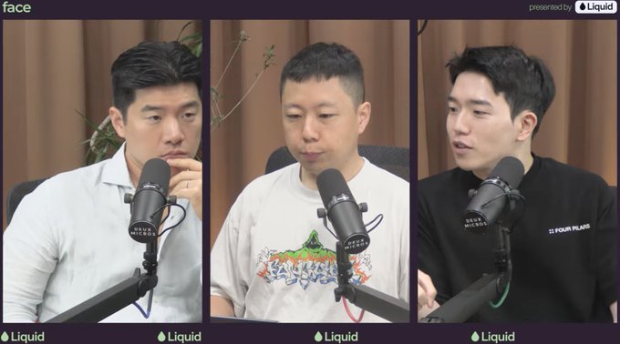 A three-person podcast or interview featuring men with microphones, presented by Liquid, branded as 'face'.