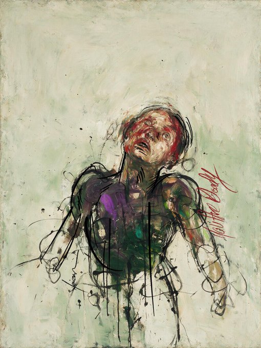 An expressive mixed-media painting of a figure with their head thrown back, rendered in loose, gestural brushstrokes with red, green, and purple tones on a pale background, signed in red.