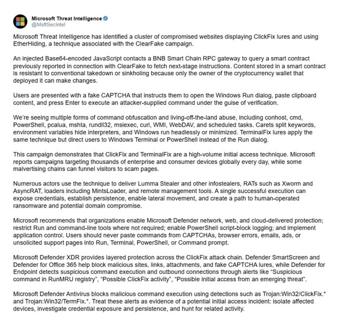 A detailed text post from 'Microsoft Threat Intelligence' (@MsftSecIntel) warning about a cluster of compromised websites using ClickFix lures and the EtherHiding technique to spread malware.