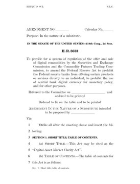 An amendment bill to the United States Code (H.R. 3633) regarding regulation of digital commodities, cryptocurrency, and NFTs under the Federal reserve banking system, with amendments to the Short Title and Digital Asset Market Clarity Act.