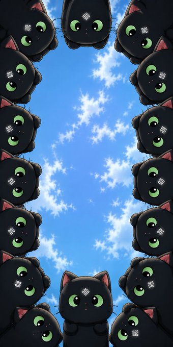 The image shows a decorative border of cute black cartoon cat faces (labeled "SIGGY") framing a bright blue sky with scattered white clouds, creating a window-like view in the center. The repeated Siggy characters visually reinforce the post's message about a growing community of builders, with the open sky in the middle symbolizing the future possibilities of AI infrastructure that Ritual is building.