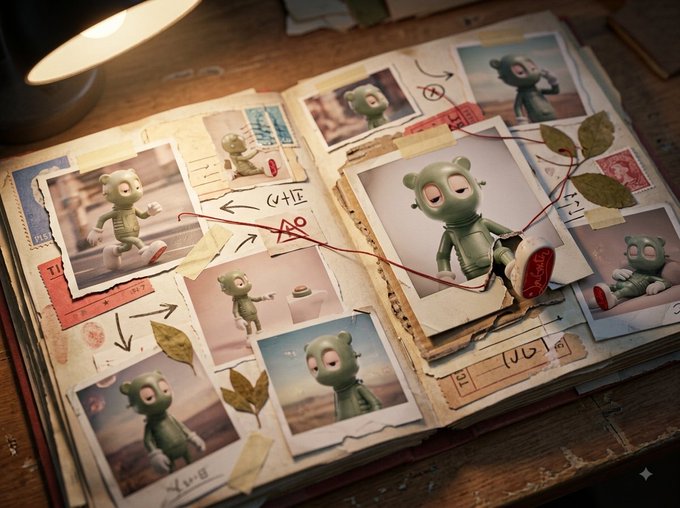 An open scrapbook lies on a desk, its pages filled with photos of a small green creature connected by red string, arrows, and handwritten notes, with a pressed leaf and red string spilling out onto the wooden surface—visually echoing the caption's idea that the creature's story cannot be contained within the book's pages.