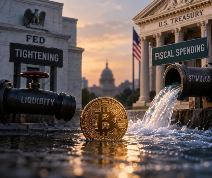 Conceptual image showing a Bitcoin coin between industrial valves labeled 'FED TIGHTENING/LIQUIDITY' and 'FISCAL SPENDING/STIMULUS' with the U.S. Treasury and Capitol building in the background.