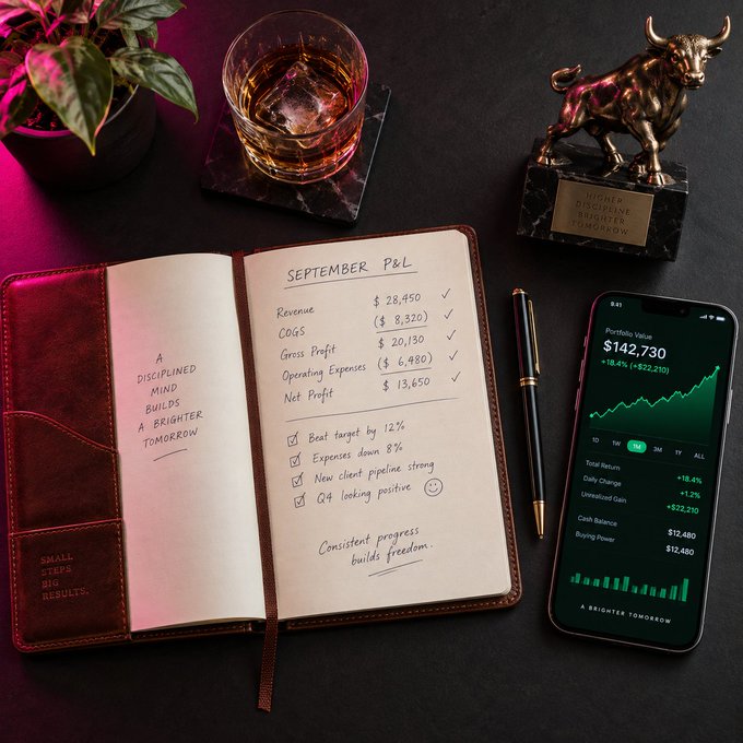 An overhead flat-lay shows a September P&L journal entry next to a phone displaying a stock portfolio valued at $142,730, accompanied by a glass of whiskey and a Wall Street bull statue.