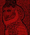 A red-tinted illustration or pixel art depicts a primate or ape face.