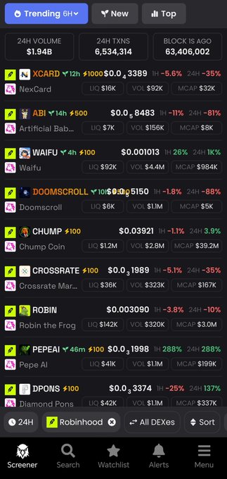 A mobile app interface (likely DEX Screener) lists trending cryptocurrency tokens such as 'XCARD', 'ABI', 'WAIFU', 'DOOMSCROLL', and 'CHUMP', along with their 24-hour volume, liquidity, and market cap metrics.