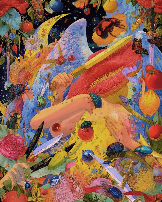 A vibrant, surreal painting featuring a sword-wielding figure wielding a golden blade amidst a chaotic tapestry of flora, fauna, and insects—including butterflies, beetles, flowers, and fruits—evoking the untamed spirit of a warrior surrounded by nature's bounty.