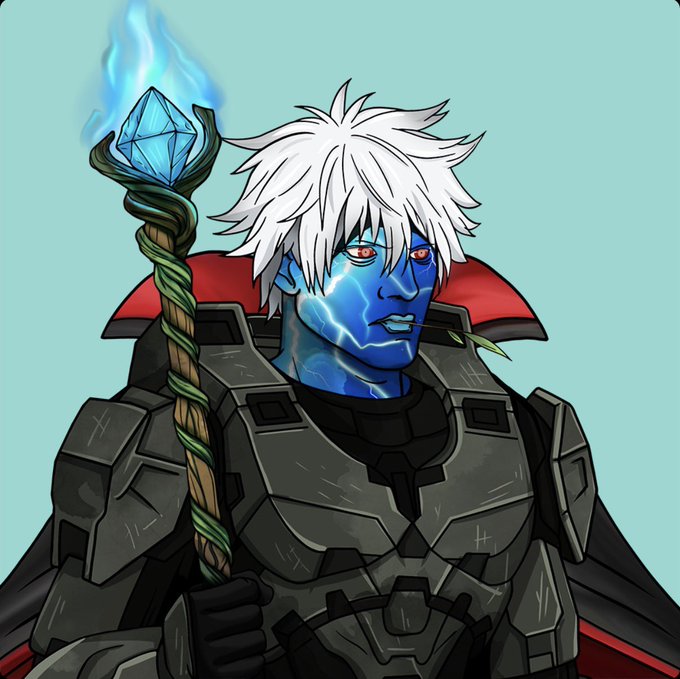 A digital illustration of a blue-skinned character with white hair and glowing red eyes, wearing dark armor and holding a staff topped with a blue crystalline gem emitting flames.