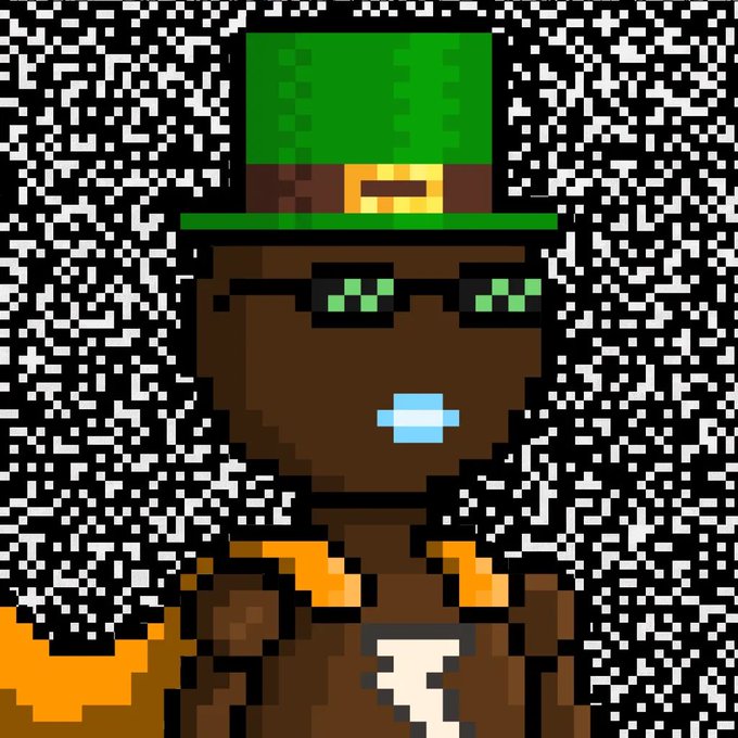 A pixel art image of a character with a green top hat, green eyes, blue lips, and orange/brown clothing, set against a black and white static noise background.
