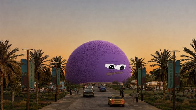 A surreal scene showing a giant purple fuzzy ball with a face floating over a palm-tree lined road at sunset, with cars driving toward it.