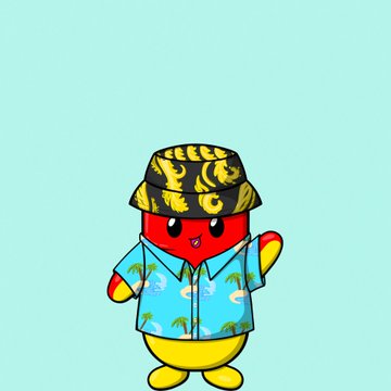 A small, cartoon-style character wearing a bucket hat and a tropical palm-patterned shirt stands against a turquoise background, representing the playful "ChillPillsHQ" and "MysteriousOnape" NFT branding. The illustration ties into the promotion by visually embodying the chill, ape-themed NFT collaboration mentioned in the post.