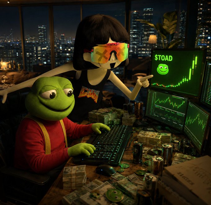 A humorous AI-generated scene showing Pepe the Frog in a red sweater typing on a glowing RGB keyboard, surrounded by stacks of cash and energy drink cans, with a woman in sunglasses pointing at a monitor displaying '$TOAD' and a rising green chart with a frog logo.