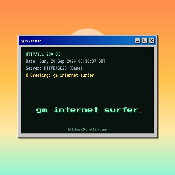 A retro computer window displaying an HTTP/1.1 200 OK response with "gm internet surfer" text and a date of "Sun, 20 Sep 2026 08:38:37 GMT" from server "HTTPBASE20 (Base)".