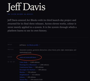 The image displays a profile page for Jeff Davis, the third artist on Art Blocks, highlighting his project "The System Becomes an Archive." It includes details such as his generative art practice, website (jeffdavis.la), and pricing information for various works like "Color Study" (2,000 editions) and "Dawn" (334 editions), reflecting his contributions to the Art Blocks platform.