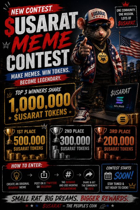 A 'SUSARAT MEME CONTEST' poster featuring a muscular rat in sunglasses and an American flag jacket, advertising a prize pool of 1,000,000 $SUSARAT tokens.
