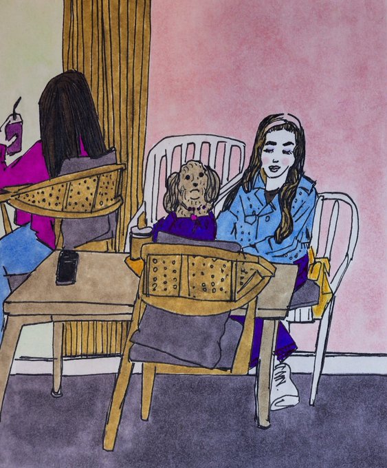 A watercolor-style illustration depicts a smiling young woman with long hair in a denim jacket seated at a café table, while an adorable small dog sits across from her in a chair; the accompanying post thanks a collector (@ttiimmees) for purchasing an edition of the artwork titled "Her and Her Furry Friend," shown here as the charming scene of the woman and her canine companion.