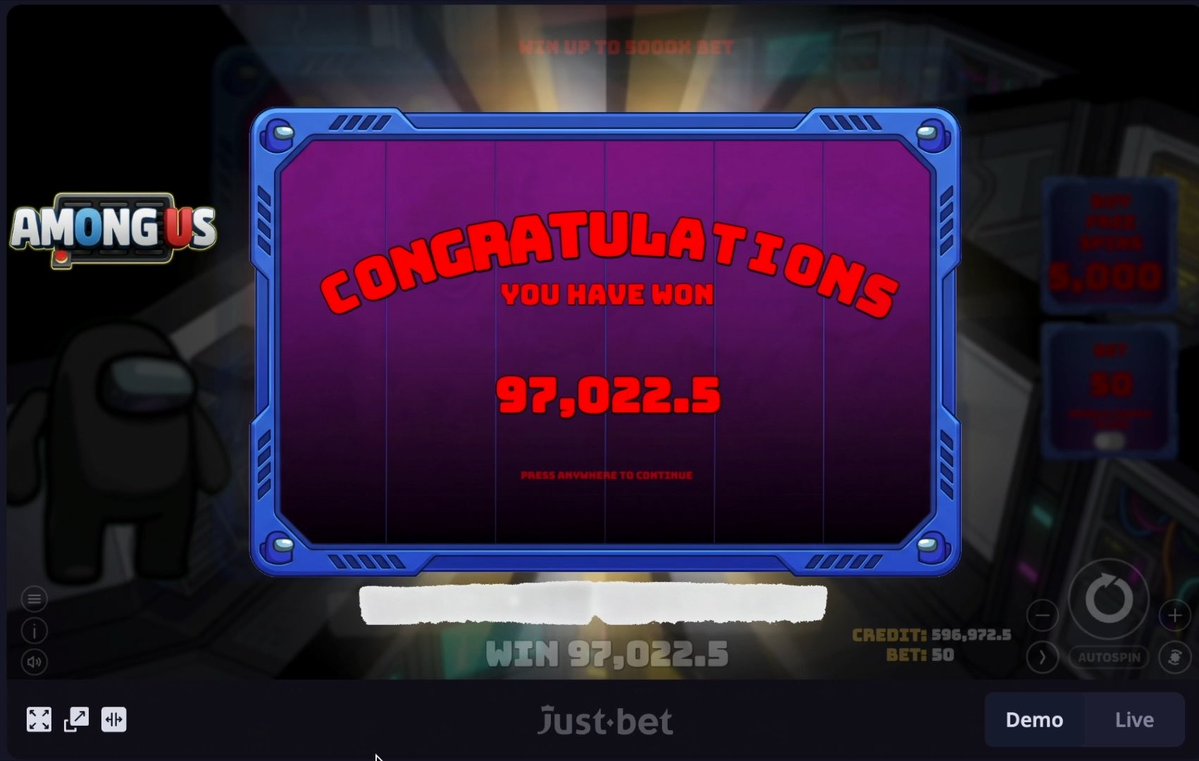 A screenshot from a slot machine game displaying 'CONGRATULATIONS YOU HAVE WON 97,022.5' in red text on a purple background, with an 'Among Us' character on the left and 'CREDIT: 596,972.5 / BET: 50' shown on the right.