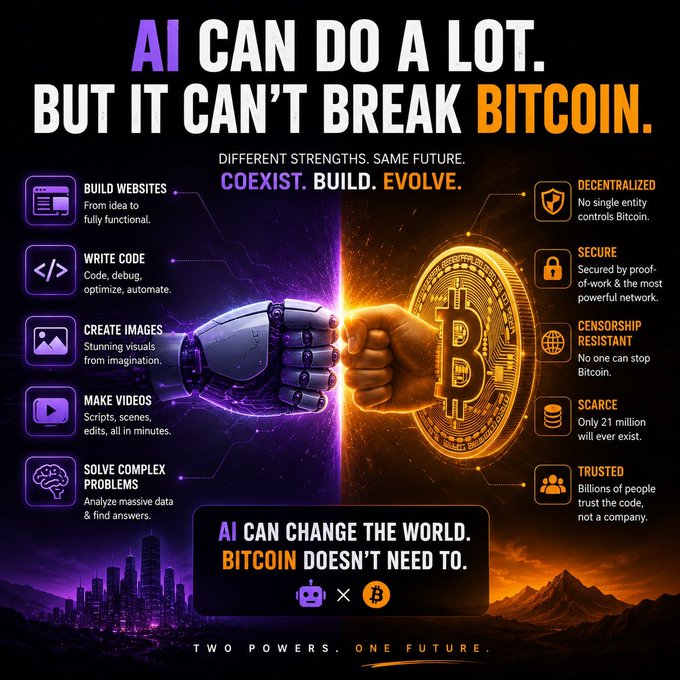 A promotional graphic reading 'AI CAN DO A LOT. BUT IT CAN'T BREAK BITCOIN.' contrasting AI abilities like building websites and writing code with Bitcoin's decentralization, security, and scarcity.